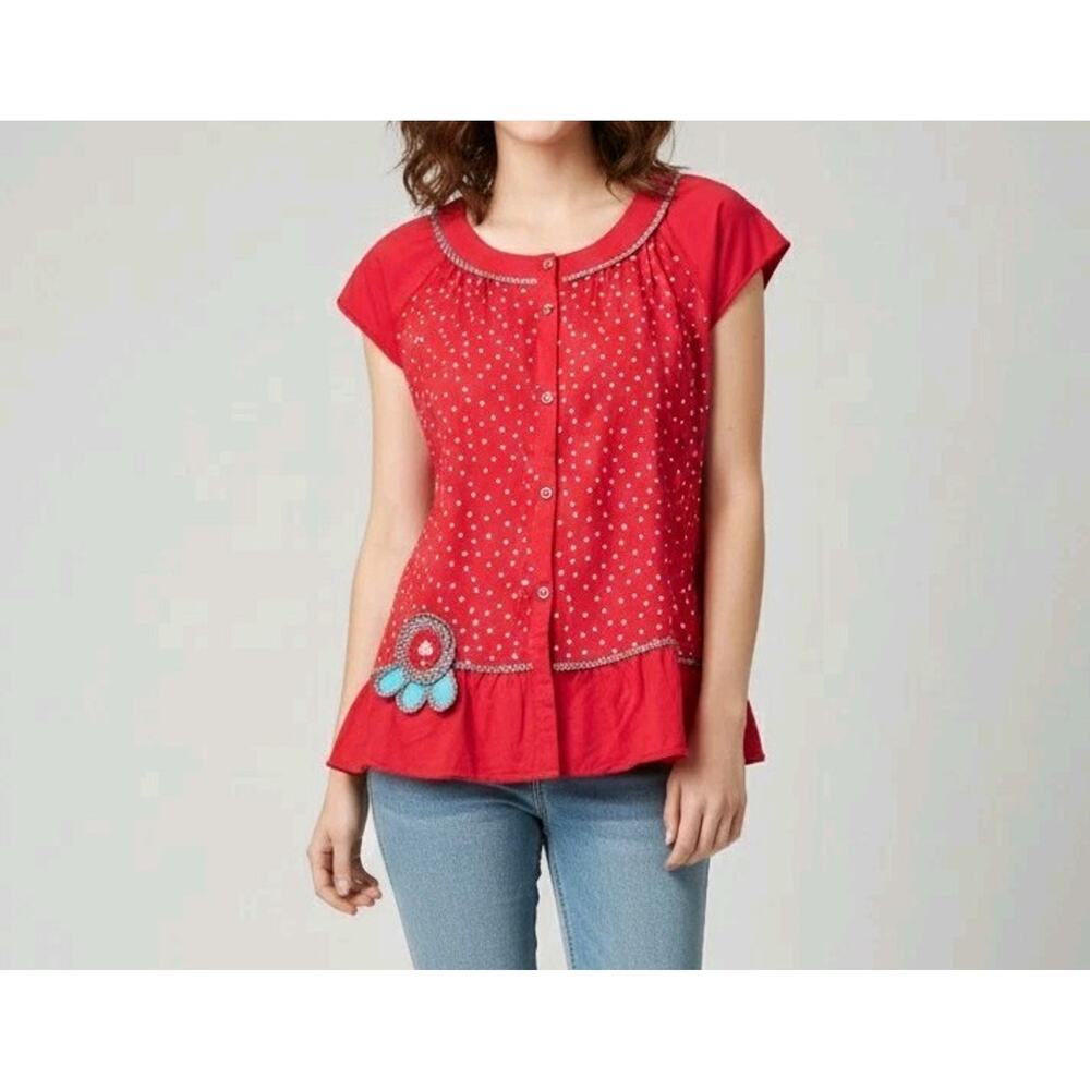 Retro Red Polka Dot Button Down Top - Flower, Rockabilly, Pin-up, Cottagecore L